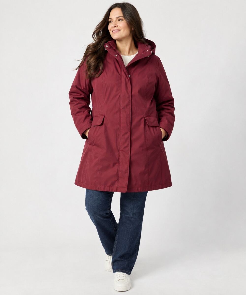 Lands' End Women's XXL Burgundy Hooded Rain Coat 2-Way Zip Snap Long Jacket